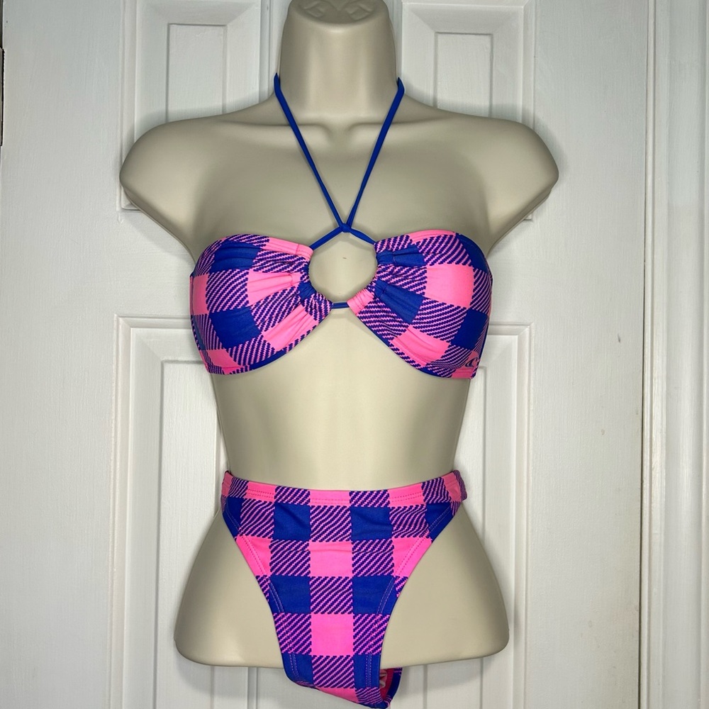 O’Neill Neon Pink & Royal Blue Plaid Bikini | Size Medium